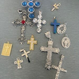 Religious Mixed Cross Pendant Lot - Blue, Gold, Silver (13 total)